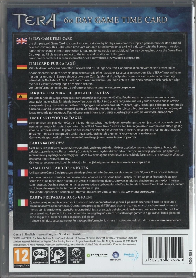 TERA / CARTE PRÉPAYÉE 60 JOURS POUR JEU PC / 60 DAY GAME TIME CARD FOR TERA PC Foto 3 de 3