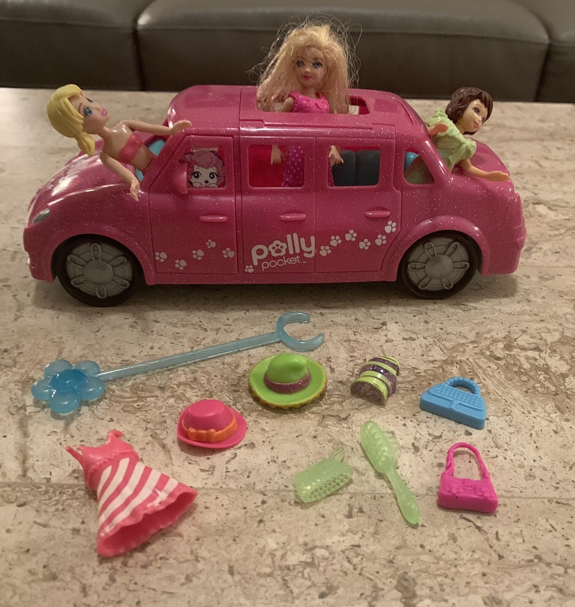 2008 Polly Pocket Pink Car Limo With Ramp and Fold away Doors Pink
