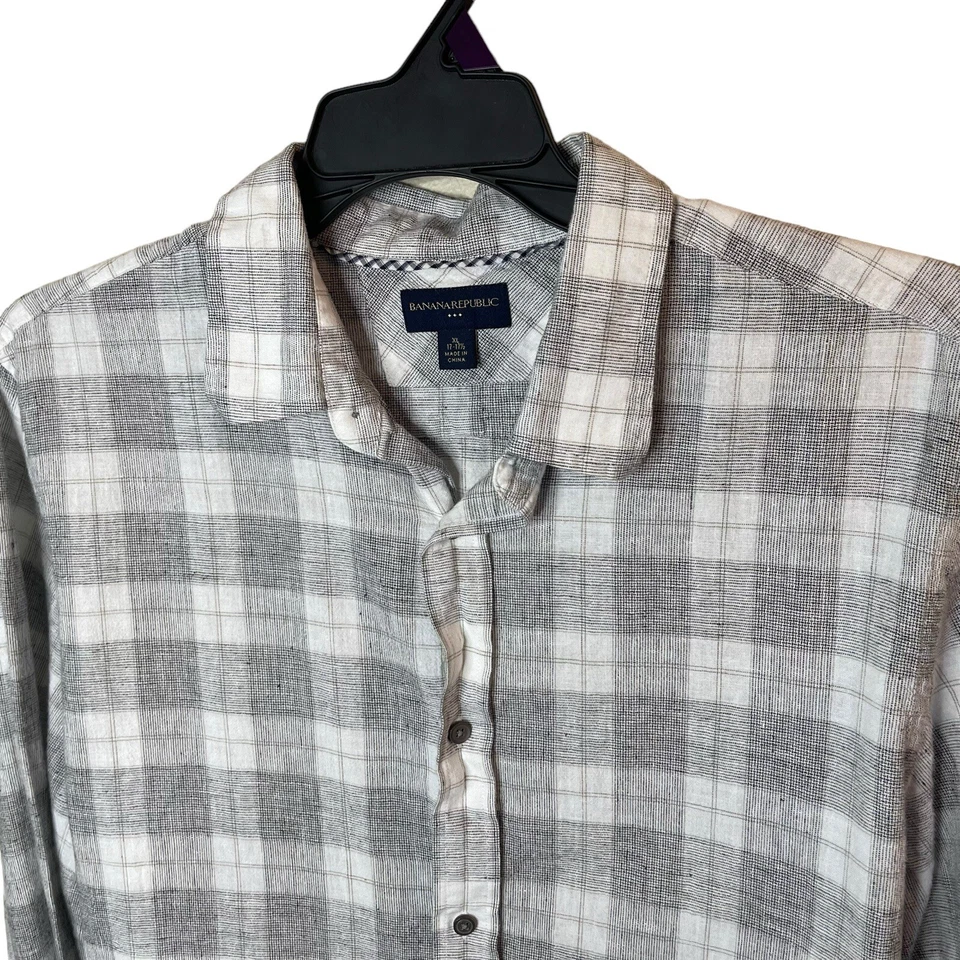 Camisa Banana Republic para hombre XL 17-17,5 gris a cuadros abotonada lino mezcla de algodón Foto 3 de 4