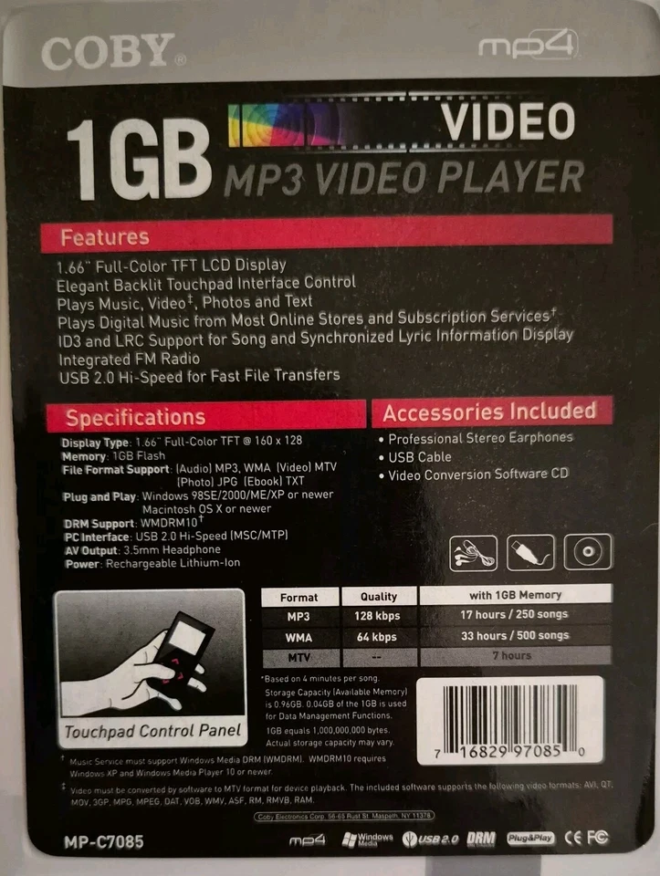 Coby 1GB MP4 Audio Video Player Touchpad UP to 500 Songs Black - Image 4 of 4