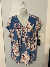 NWT I.N.C. Blue Floral Multi Top with Shoestring Tied V-Neckline    Plus Size 2X
