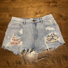 Garage Festival Short High Waist Floral Raw Hem Blue Jean Shorts Womens 5