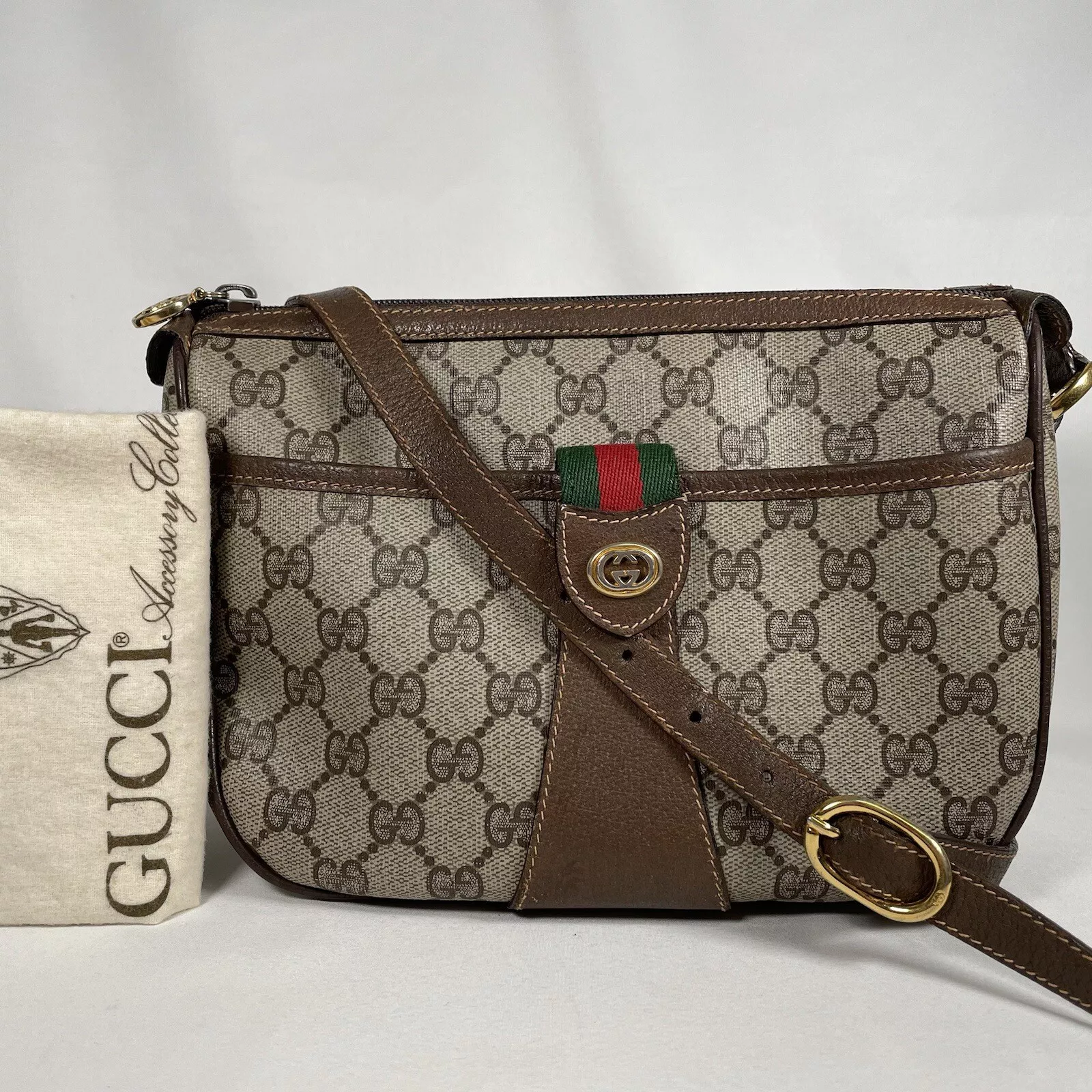 Sac à main bandoulière vintage Gucci bandoulière entrelacé PVC cuir croissant