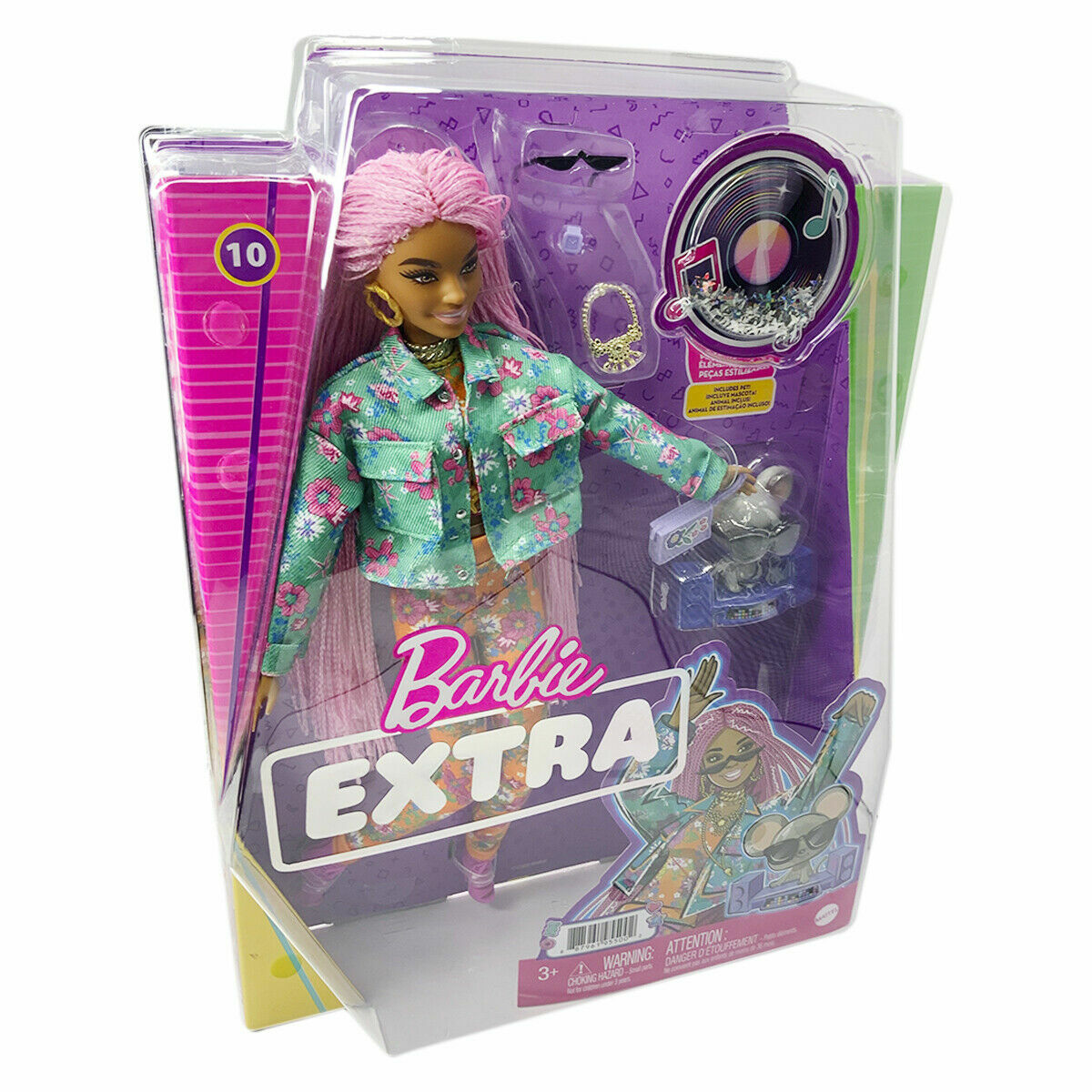 NEW 15 PCS BARBIE MATTEL EXTRA DOLL #10 PINK BRAIDS FLORAL DJ MOUSE PET 12"