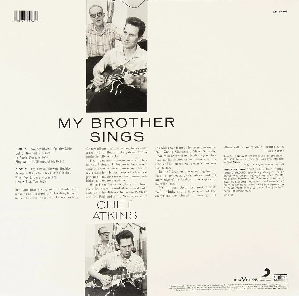 CHET ATKINS - MY BROTHER SINGS - LP - SUNDAZED 2017 180-GRAM - Image 2 of 2
