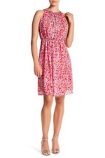 NWT Tahari Seliah Floral Halter Dress Size 6 Pink Red Metallic Chain Detail