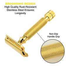 STAINLESS STEEL DOUBLE EDGE SAFETY RAZOR FOR MEN'S BEARD + 5 SHAVING BLADES GOLD
