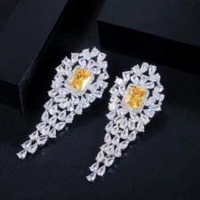 Yellow Square Cubic Zircon Women Ladies Long Water Drop Cluster Dangle Earrings
