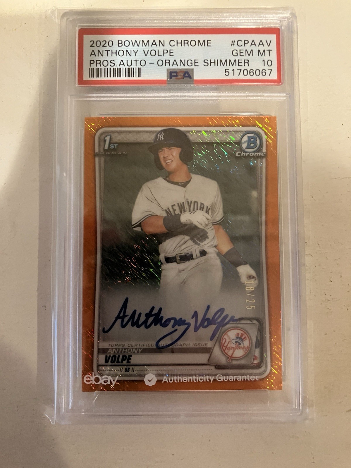 Anthony Volpe 2020 Bowman Chrome Prospects Orange Shimmer Auto /25 PSA 10