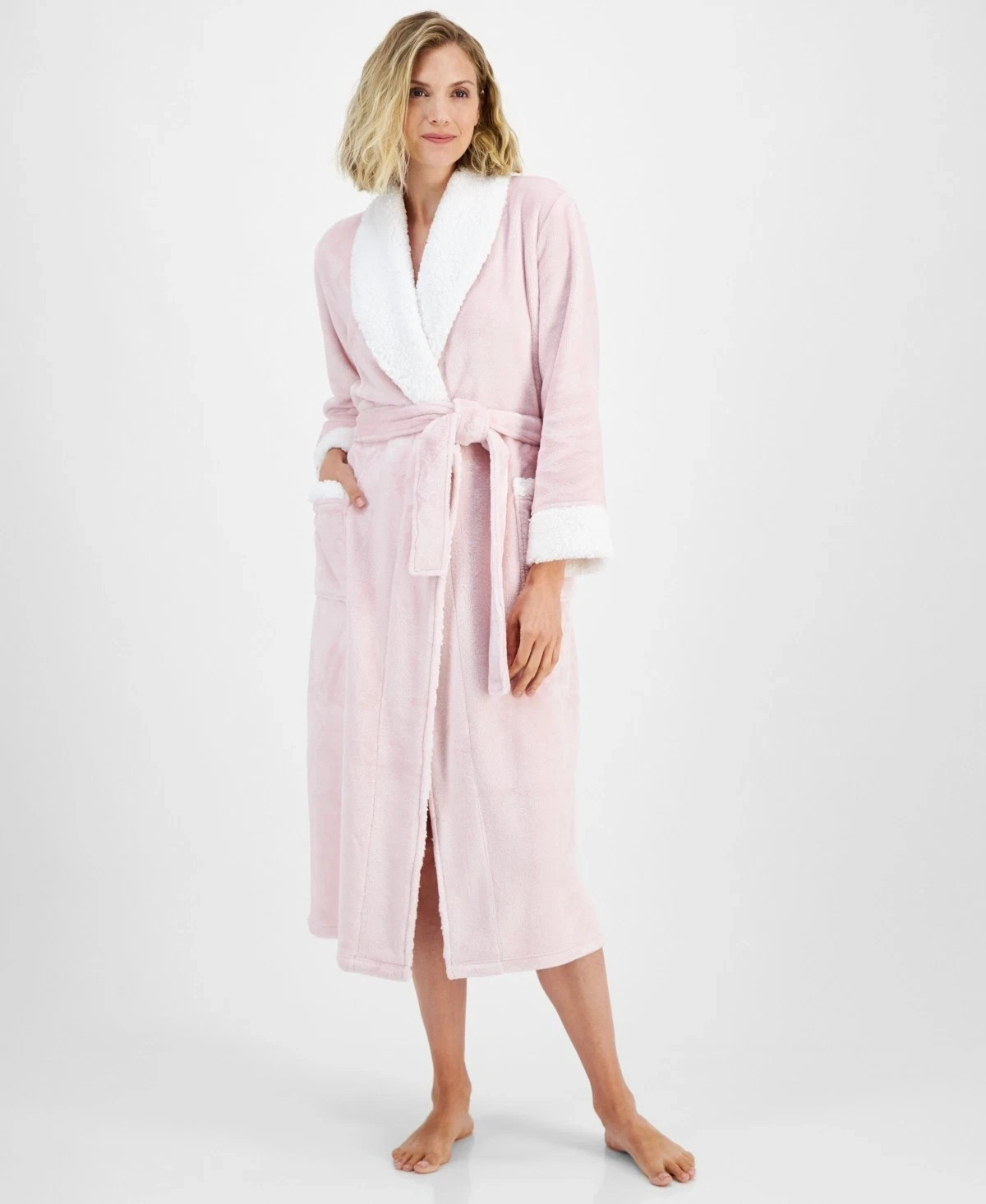 Charter Club Womens Long Plush Fleece-Trim Pink Wink M/L