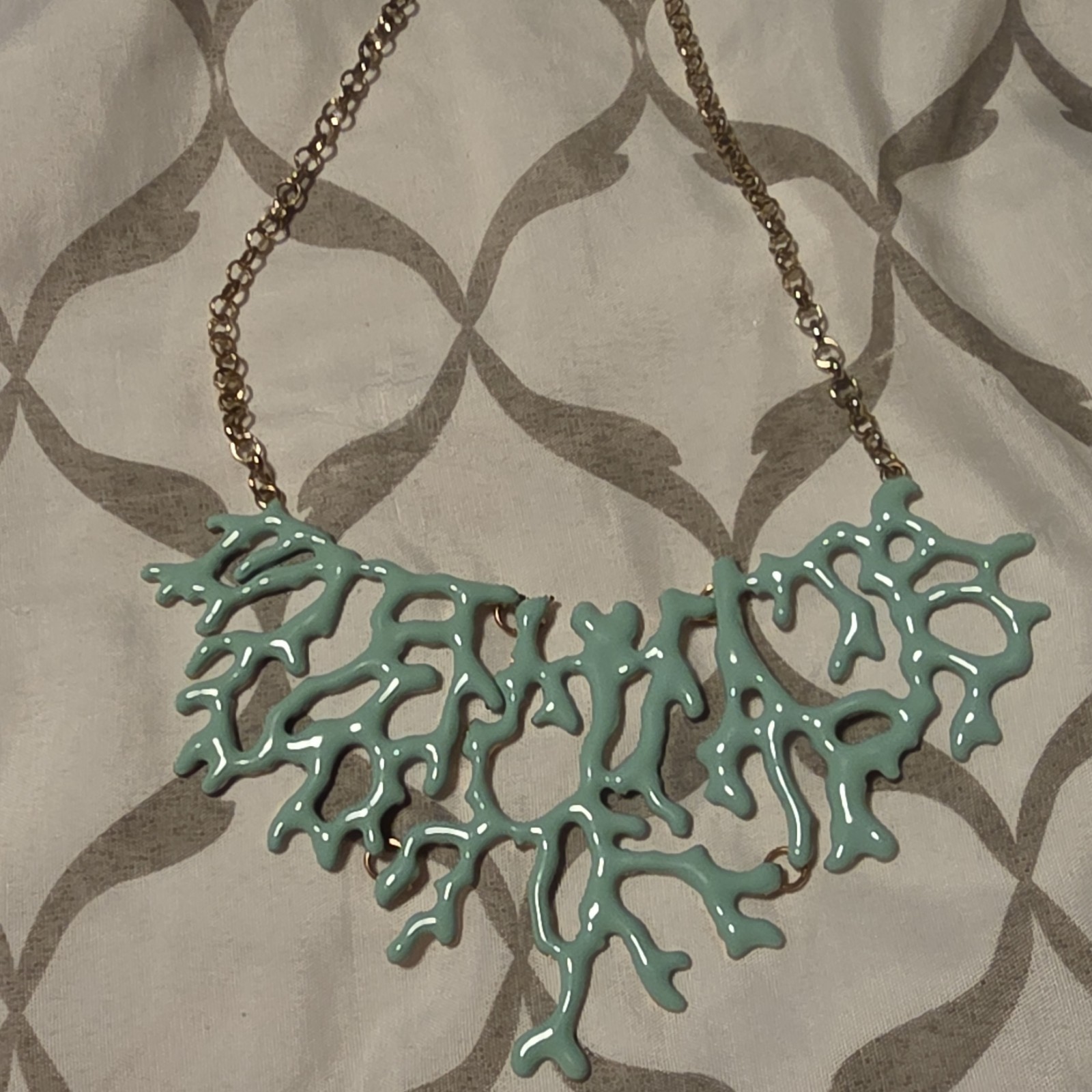 Gold Tone Cable Chain Necklace Blue Enamel Coral Bib Pendant Adjustable Lobster