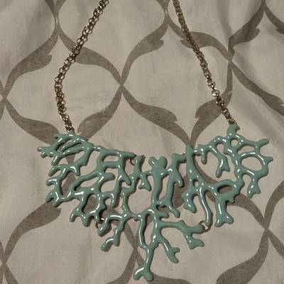 Gold Tone Cable Chain Necklace Blue Enamel Coral Bib Pendant Adjustable Lobster