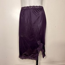 Vintage Dark Purple Lace Trim Nylon Knee Length Slip Skirt with Slit