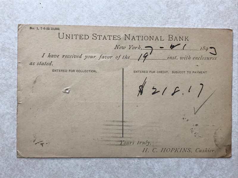 EN2314 Vintage Postcard Postal Card United States National Bank New York NY 1893