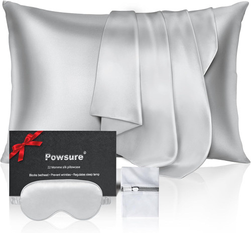 100% Pure Mulberry Silk Pillowcase for Hair and Skin - 22 King, Silver Grey