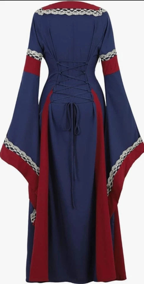 Frawirshau Medieval Goth Renaissance Dress Cosplay Gown Blue Red Gold Trim Small - Image 3 of 4