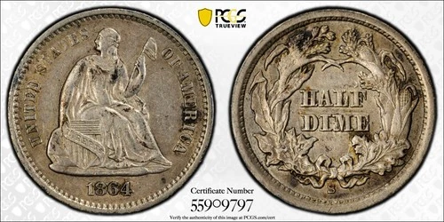 5c 1864-S Seated Liberty Half Dime PCGS AU Det RARE CIVIL WAR *  AvenueCoin