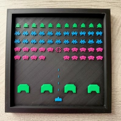 Retro Space Invaders Level 1 3D Framed Wall Art, Gamer Decor