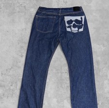 G59 B Men  s Dark Wash Blue Straight Leg Denim Jeans Skull Logo Size 38