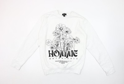 boohooMAN Herren Pullover Sweatshirt weiß Botanical Graphic Print XS