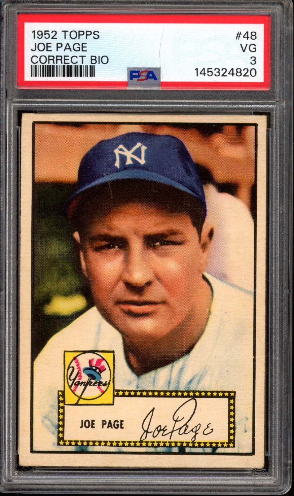 1952 Topps #48 Joe Page (Correct Bio) PSA 3 Vintage Baseball Card (4820)