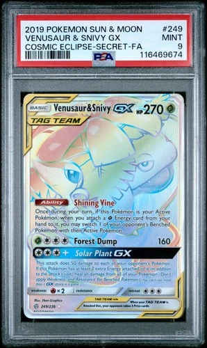 2019 POKEMON SUN & MOON COSMIC ECLIPSE SECRET FULL ART/VENUSAUR & SNIVY GX PSA 9