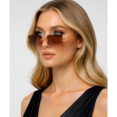 Women Rimless Square Brown Gradient Sunglasses Gold Frame Eyewear Luxury Lentes