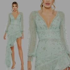 Ieena for Mac Duggal 50744 Seafoam Green Beaded High-Low Formal Gown Dress 2 NWT
