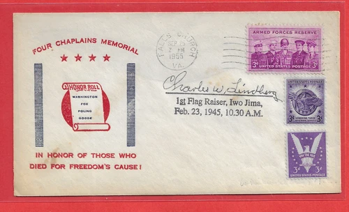 Charles W. Linberg First Flag Raiser on Iwo Jima WW 2 SIGNED Patriotic Cover '55