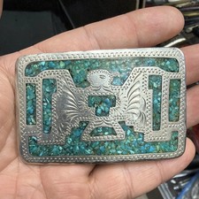 Vintage Rare Sterling Silver Inlay Turquoise Signed B Navajo Belt Buckle 71.6g