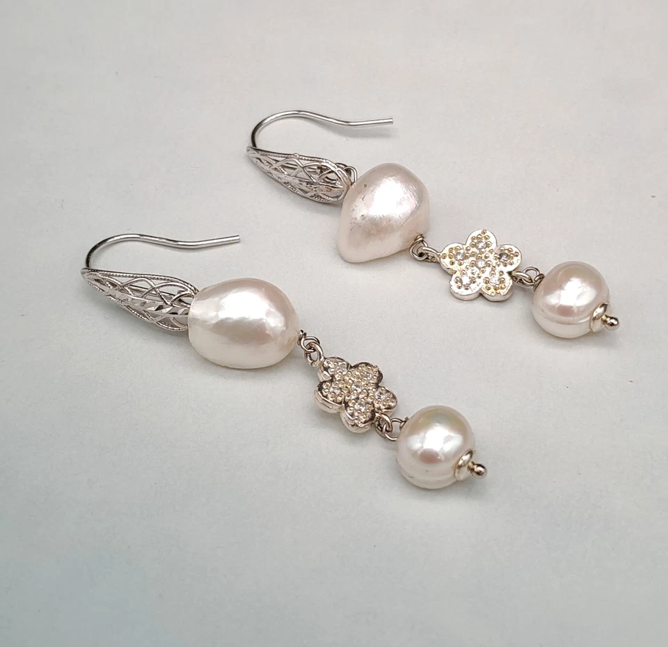 orecchini donna pendenti perla barocca argento 925 quadrifoglio made in Italy - Immagine 3 di 4