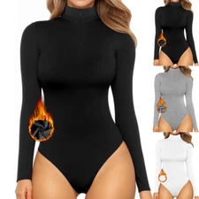Fleece Lined Long Sleeve Bodysuit for Women Mock Turtleneck Casual Leotard Tops
