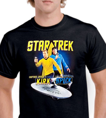 Star Trek TOS Captain Kirk / Mr. Spock USS Enterprise 100% Cotton T-Shirt 