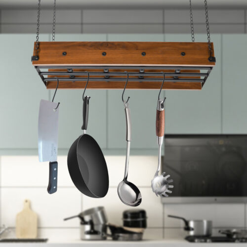 Black and Brown Ceiling Mounted Pot Rack Hanging Pots and Pans Organizer w/Hooks - Picture 1 of 19