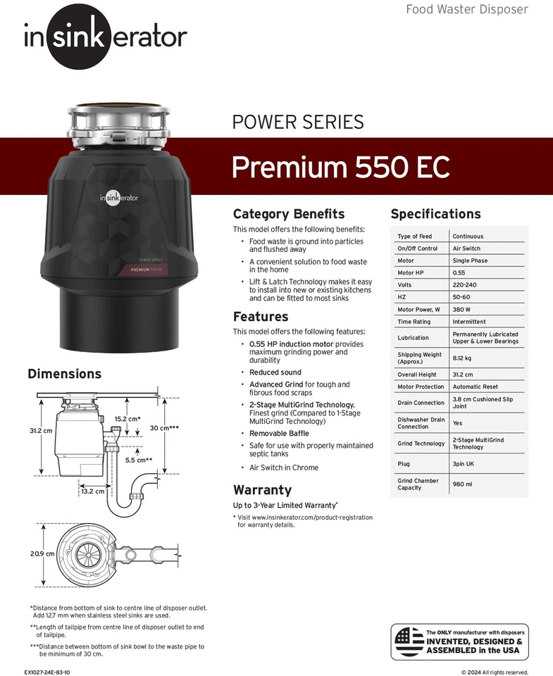 Unidad de eliminación de residuos alimentarios Insinkerator Premium 550 EC 80373 - Imagen 2 de 4