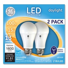  2 bulbs GE LED A19, 15 watt, 1600 lumens, Dimmable, Daylight 5000K, Medium