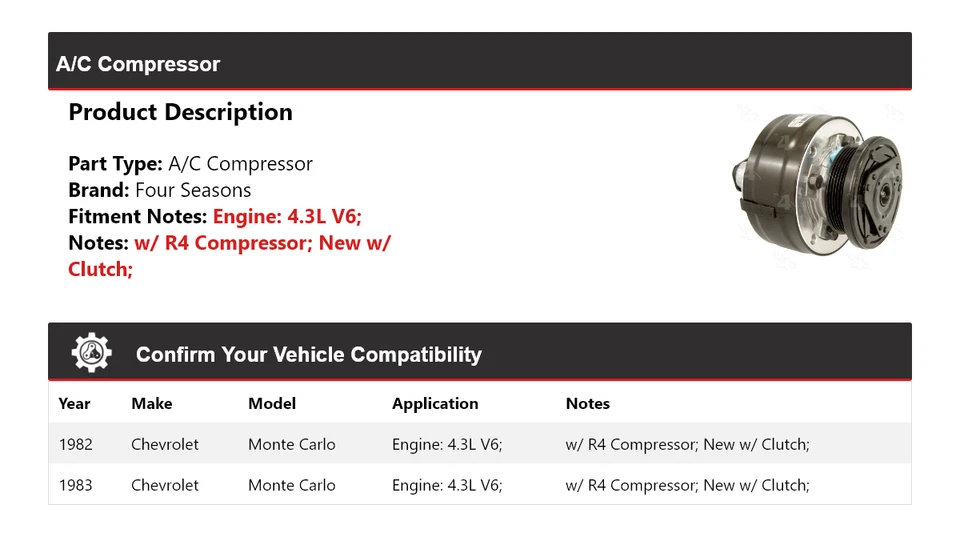 For 1982-1983 Chevrolet Monte Carlo 4.3L V6 A/C Compressor 4 Seasons - Image 2 of 4