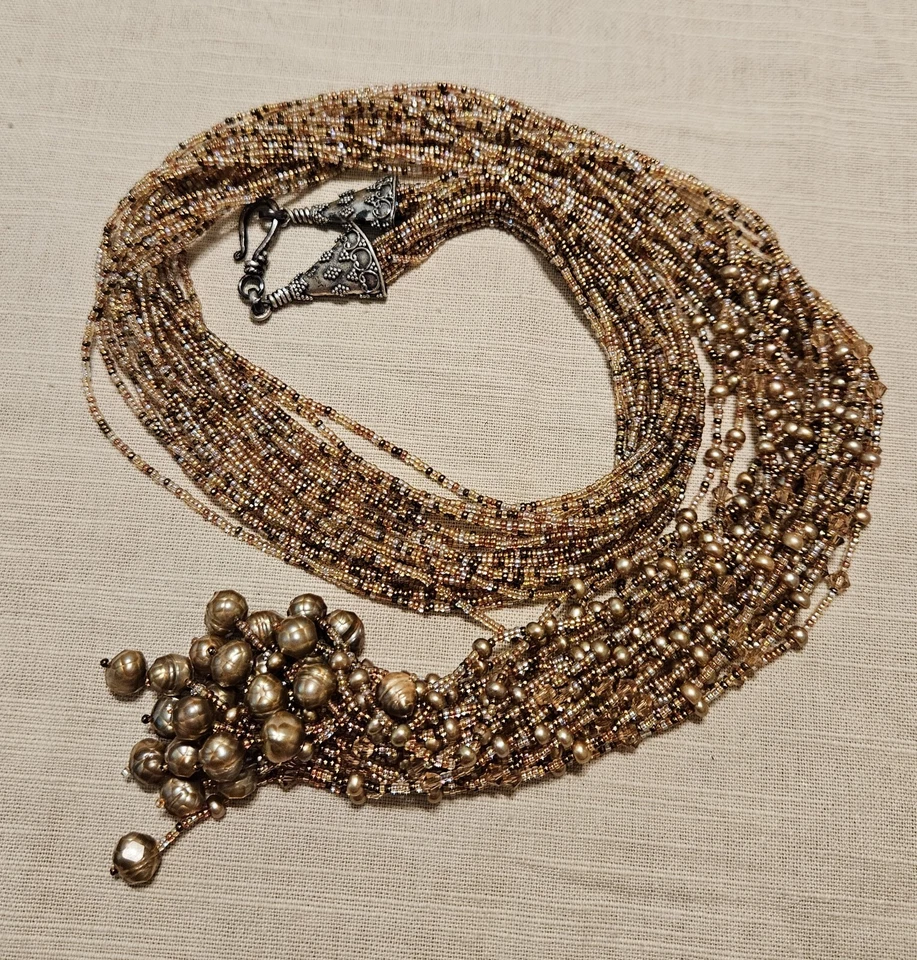 Collar extra largo de cuentas y perlas de bronce dorado de 12 hilos cierre de gancho de plata Foto 3 de 4