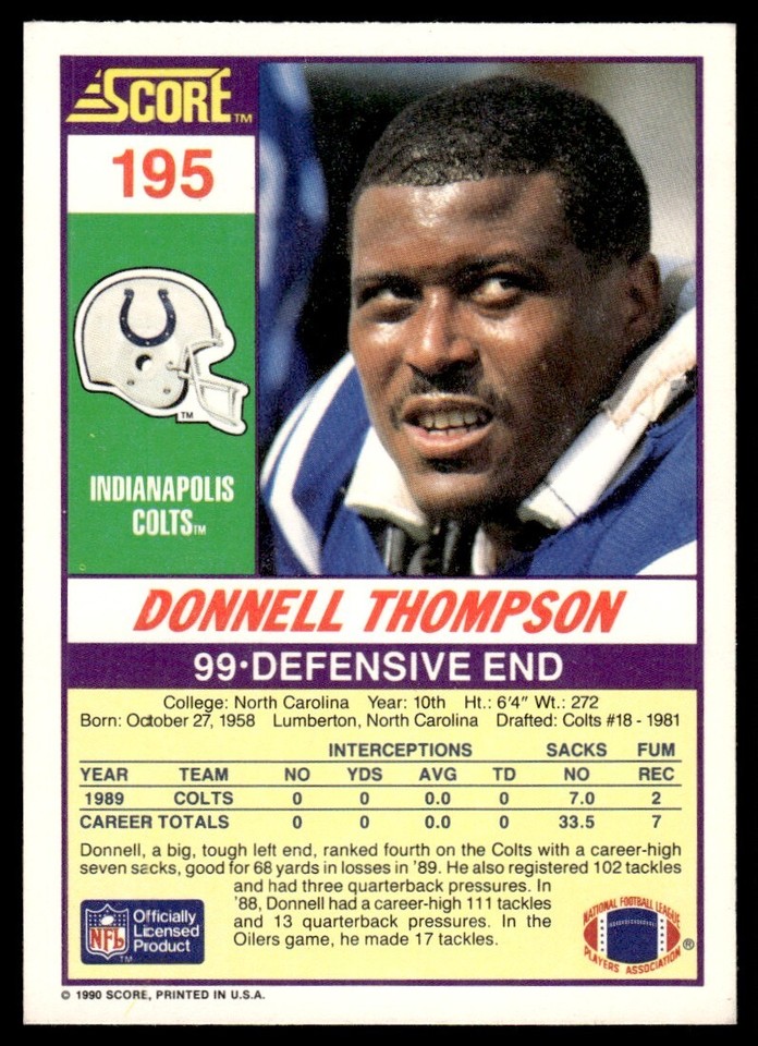 1990 Score Donnell Thompson Indianapolis Colts #195 | eBay