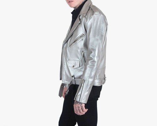Abez Men's Silver Biker Leather Jacket Real Lambskin Motorcycle Racer Jacket - Picture 6 of 15