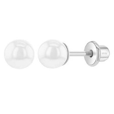 925 Sterling Silver Classic  Timeless White Simulated Pearl Young Girl Earrings