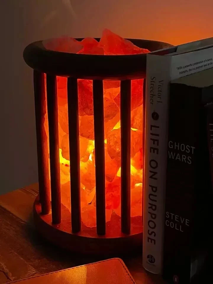 Lámpara de sal Lámpara de canasta de madera del Himalaya grande 8,5" - 9", exquisita decoración de habitación Foto 3 de 4