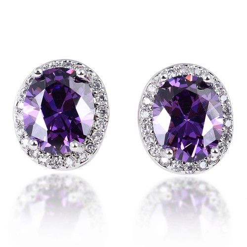 4 kt CZ Ohrstecker OVAL Halo simulierter Saphir Smaragd Amethyst Rubin Geschenk - Bild 16 von 18
