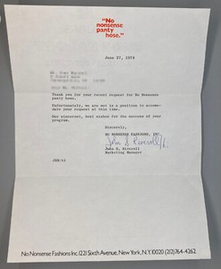 Vintage 1974 No Nonsense Logo Letterhead - Envelope and Letter - Panty Hose 