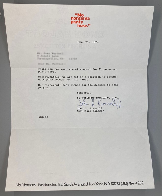 Vintage 1974 No Nonsense Logo Letterhead - Envelope and Letter - Panty Hose 