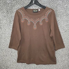 Bob Mackie Wearable Art Top Womens Medium Brown Embroidered 3/4 Sleeve Tee