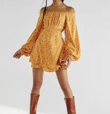 Free People Jael Printed Yellow Mini Dress Women’s Size Medium