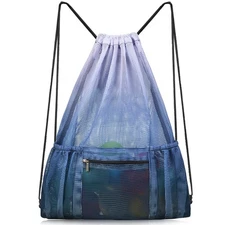 Mesh Drawstring Bag with Zipper Pocket Swimming Gear Backpack for Adults Kids