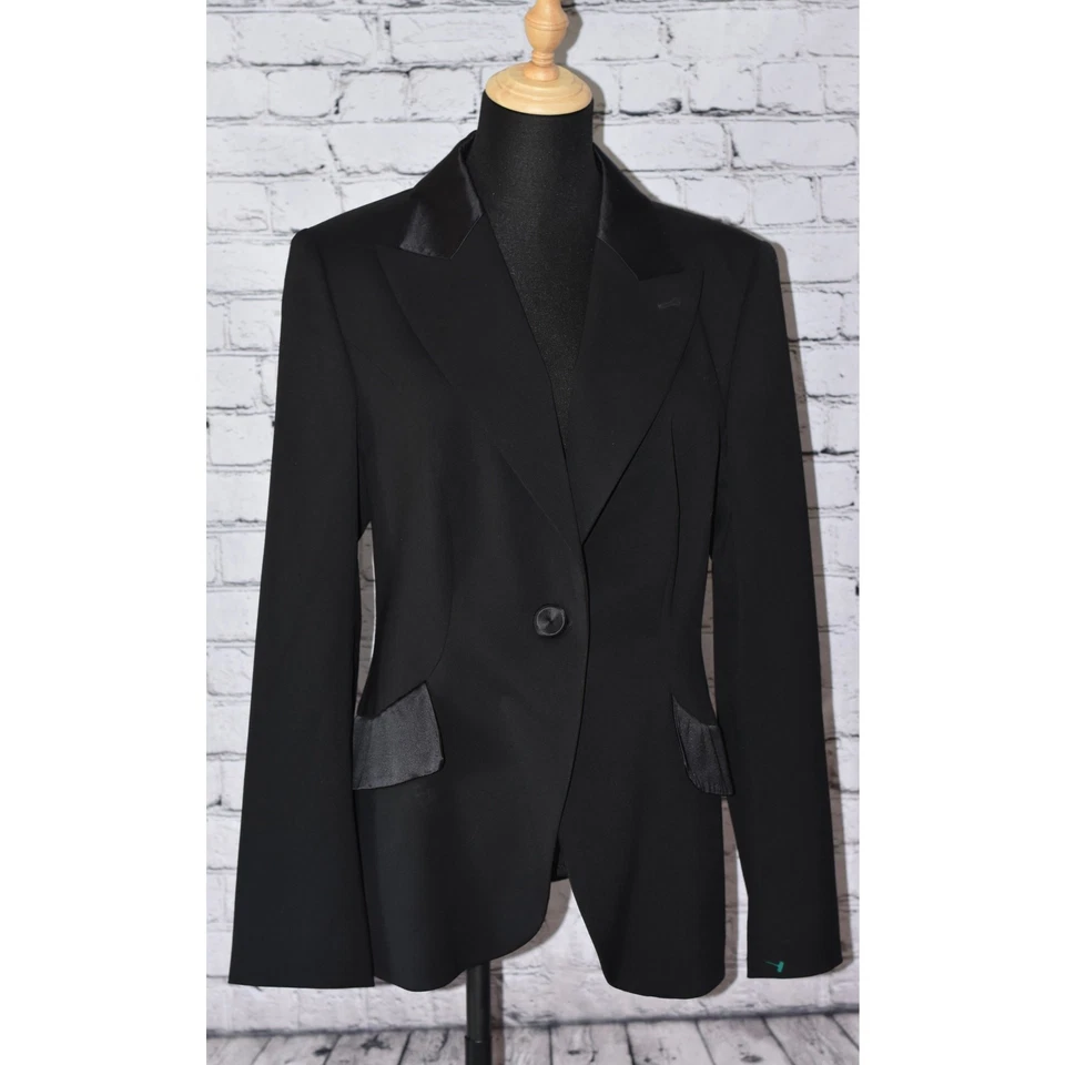 ESCADA Negro Etiqueta Esmoquin Satén Noche Elastizado Lana Chaqueta Talla 42/12 Foto 2 de 4