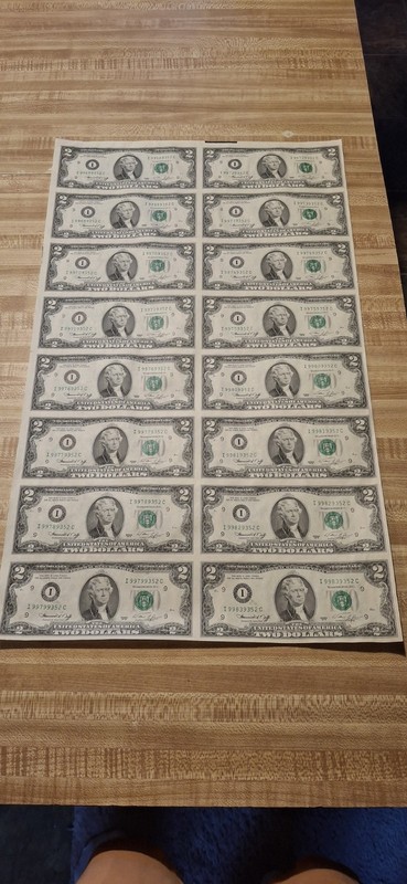Uncut Sheet of 16 Uncirculated 1976 Bicentennial $2 Bills MINNEAPOLIS,  MN. 